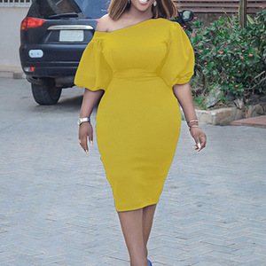 Robe élégante grande taille Tongle pour femme, nouvelle collection été 2024, couleur unie, épaule asymétrique, manches bouffantes, style <span class=keywords><strong>OL</strong></span>, D218 - Product Image 4