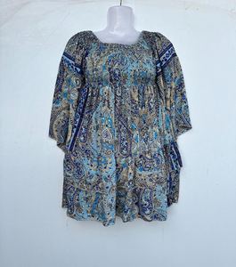 Boho Paisley Smocked Woven Silk Blend Natural Waist Peasant Blouse for Women Regular Fit Casual Bohemian <b>Top</b> Celebration Dress - Product Image 1