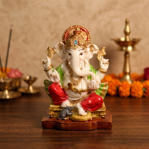 Statue artisanale en résine du Dieu Ganesha par Nirmala Handicrafts |   Couronne décorative traditionnelle pour idole de Ganesha, motif souris colorée - Product Image 1