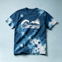 T-shirt délavé à l'acide bleu tie-dye effet soleil, impression Kornit DTG Fuji Wave, style streetwear japonais vintage, décontracté