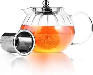 Wholesale Flower tea pots & kettles heat resistant glass tea pots and tea cups with infuser suitable stovetop