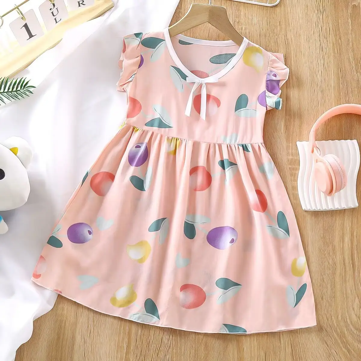 Mùa hè cô gái bông lụa nightdress bé ren cổ áo Đầm bán buôn