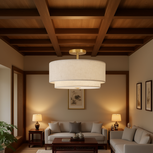 Classic Gold 3-<b>Light</b> Semi Flush Mount <b>Ceiling</b> <b>Light</b> With Fabric Linen <b>Shade</b> For Living Room <b>Large</b> Size Traditional Design - Product Image 2
