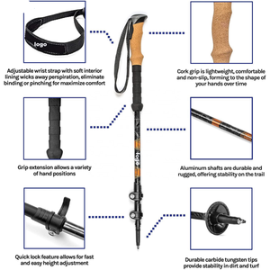 衝撃調節可能なコンボ折りたたみ式カーボンファイバー折りたたみ式アルミニウムハイカーウォーキングハイキングスティックマウンテントレッキングポール - Product Image 3