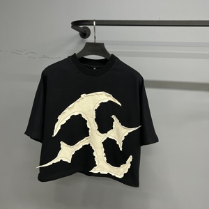 Camiseta de Hombre Extra Grande de 280g con Bordado Creativo de Moda, Algodón de Pelo Largo Lavado, Manga Corta, Cuello Redondo, Venta al Por Mayor - Product Image 4