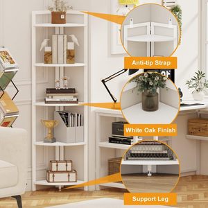 <strong>White</strong> Oak <strong>Corner</strong> Shelf with 5 Tiers, Modern Frame Combining Wood and Metal. Tall Angular Unit Serves As <strong>Bookcase</strong> and Plant Stand - Product Image 3