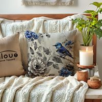 4 housses de coussin bleues, 18 * 18 pouces, motif oiseaux et fleurs, adaptées à la décoration de la maison, de la terrasse extérieure et du jardin