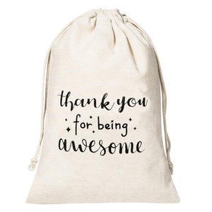Sac à cordon en toile de coton recyclable en gros avec logo personnalisé « Merci » imprimé, pochette pour vêtements et chaussettes - Product Image 3