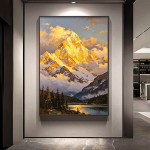 Peinture à l'huile faite à la main, effet visuel 3D, montagne dorée au lever du soleil, encadrée, pour hall d'entrée, salon, couloir, passage - Product Image 1