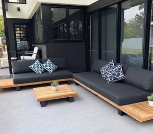 Modern Outdoor L-Shaped Garden <b>Sofa</b> Set With <b>Wooden</b> <b>Frame</b> And Dark Blue Cushions Waterproof Contemporary Design - Product Image 3