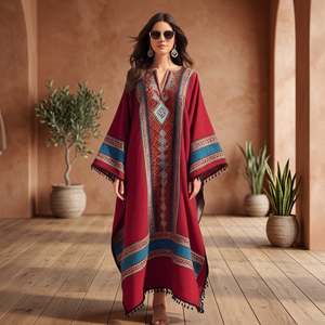 Robe longue bohème florale à col en V, manches chauve-souris, broderie géométrique en dentelle, taille naturelle, écologique, respirante, coupe régulière - Product Image 1