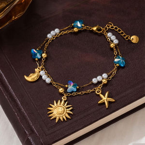 Bracelet en acier inoxydable plaqué or 18 carats avec étoile de mer, <span class=keywords><strong>soleil</strong></span>, <span class=keywords><strong>lune</strong></span>, papillon bleu, cristal <span class=keywords><strong>et</strong></span> perle, double couche, anti-ternissement, bijoux bohèmes - Product Image 2
