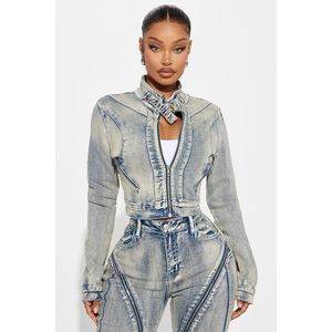 Ensemble en jean personnalisé pour femme 2026 : Veste courte à manches longues et jean skinny taille haute boutonné – Tenue Y2K tendance - Product Image 5