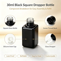 Flacon compte-gouttes carré en verre noir de 30 ml, flacon de sérum en verre vide anti-UV, flacon d'huile essentielle rechargeable et étanche
