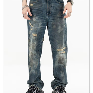 Jeans droits décontractés pour hommes <span class=keywords><strong>24AW</strong></span> Denim lavé Advanced Sense Erosion Cut Old Loose Mid Waist Solid pour l'automne - Product Image 5