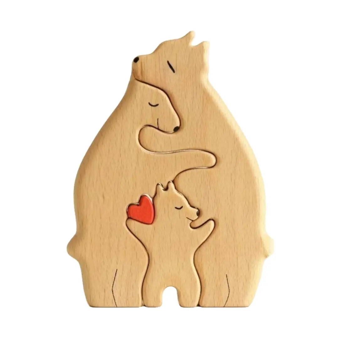 Handmade Wooden Figurines Carving Anima Wooden Bears Jigsaw Sculpture Wood Art Family Bear