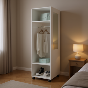 Armoire blanche 63H avec 3 étagères, 1 miroir, 4 roulettes, armoire élégante, meubles de chambre à coucher - Product Image 2