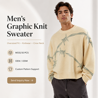 Pull en maille jacquard vintage vieilli pour homme, motif fil barbelé, coupe ample oversize, streetwear, col rond, unisexe