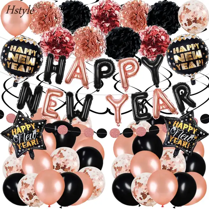 Happy New Year Latex Balloons, NYE Party Decorations (Black, Gold