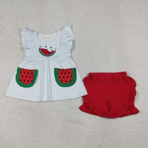 Nouvel Arrivage Ensemble Court pour Fillettes avec Broderie Pastèque, Haut Tunique à Manches Volantées Rayées et Short en Coton Rouge Décontracté - Product Image 1