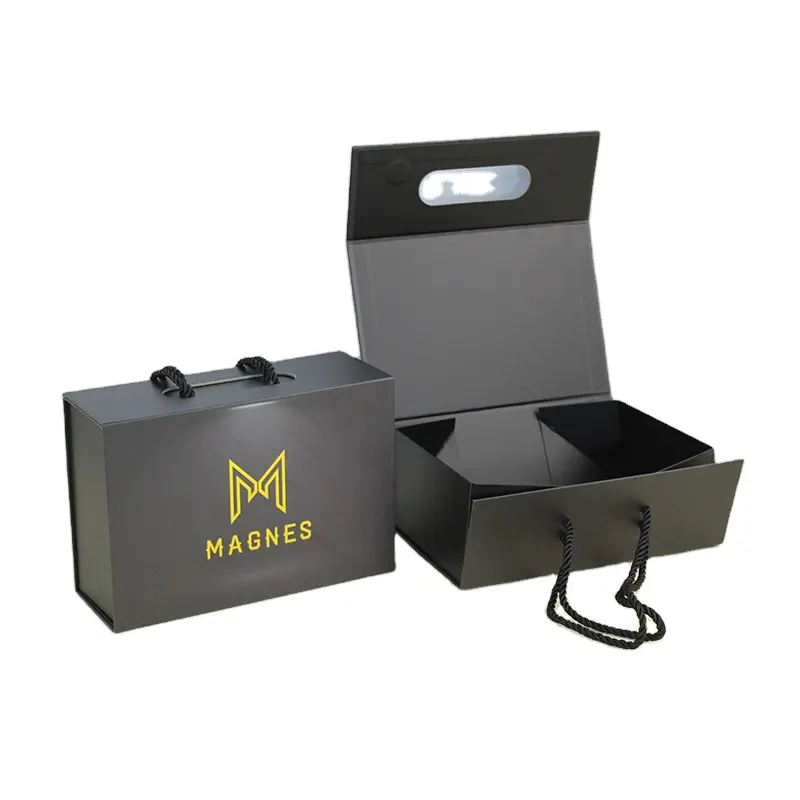 Custom Matte Black Magnetic Closure Paper Gift Box For Garments Ribbon Handle Rectangular Folding Clothing Packaging
