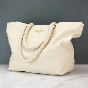 <b>Personalised</b> Oversized Black White Canvas Tote <b>Bag</b> Natural Color Rope Handle Customised Logo With Shopping Beach <b>Bags</b> - Product Image 2