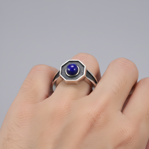 Anelli in Argento Sterling 925 Design Originale per Uomo e Donna <span class=keywords><strong>con</strong></span> Pietra Naturale di <span class=keywords><strong>Lapislazzuli</strong></span> a Forma Esagonale, Gioiello Elegante - Product Image 2