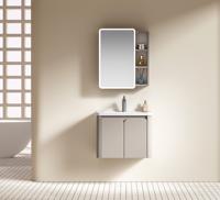 Meuble de salle de bain moderne français de luxe avec miroir intelligent, ensemble vasque en céramique, fixation murale créative en acier inoxydable à double porte