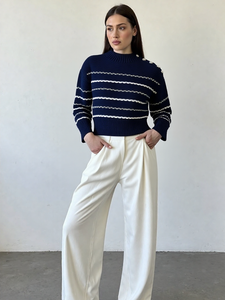 Pull à col rond à manches longues pour femmes, automne-hiver 2025, sur mesure OEM et ODM, avec boutons de qualité - Product Image 1