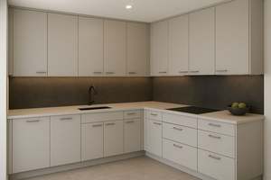 SANTOPOVA Modern L-Shaped Light Grey Kitchen Set with Built-in Double Oven and Matte <b>Black</b> Hardware - Product Image 2