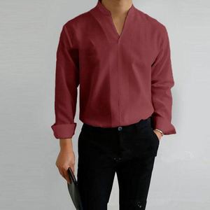 Chemises d'automne pour hommes à manches longues, décontractées et élégantes, pour le travail et les affaires, couleurs unies, col montant, coupe ajustée - Product Image 3