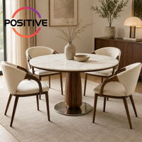 Table de salle à manger ronde en pierre frittée avec piétement en bois massif, style moderne Wabi Sabi, pour salle à manger, réunion, hôtel, vente en gros, OEM, ODM