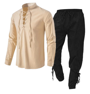 Camisa de pirata renacentista medieval para hombre, manga larga, cuello levantado, gótico, con cordones, pantalones con bandas en el tobillo, <span class=keywords><strong>disfraz</strong></span> vikingo - Product Image 1
