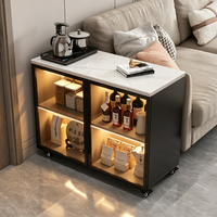 Meuble de salon mobile avec plateau en pierre, rangement amovible et portes vitrées - Table d'appoint tout-en-un pour petits appartements
