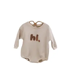 Springtime Elegance Fashionable Full-Sleeve Baby Romper with Embroidered Letter Detail Snap Buttons Crafted 100% Cotton