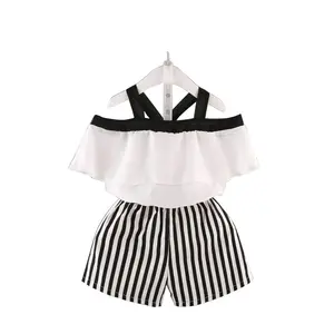 Girls summer suspenders top vertical striped shorts suit girls sexy off-shoulder fashion suit kids sets two piece