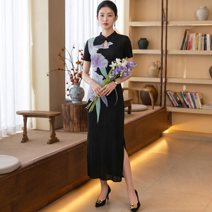Women's Casual Chinese Style Black Floral Print Embroidery Ruched Midi <b>Dress</b> Sleeveless Stand Collar Eco-Friendly Washable - Product Image 1