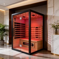 Sauna Moderna de Madera Sólida con Infrarrojos para el Hogar, Negra, de Madera de Hemlock, Interior, con Ventanas Transom, Bajo EMF, Calentador de Luz Roja, para Apartamento o Villa