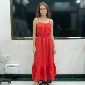 Red Spaghetti Strap Maxi <b>Dress</b> Flared Hem <b>Elastic</b> Waist Casual Summer Woven Cotton A-Line Tailored Fit Solid Color Eco-Friendly - Product Image 4