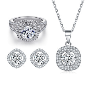 Trendy 925 <b>Silver</b> Stackable CZ <b>Ring</b> and Necklace <b>Set</b>, Simple Geometric Zirconia Jewelry <b>Set</b> for Office Lady - Product Image 1