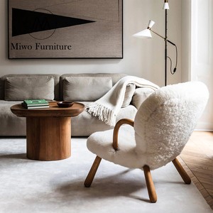 Sillón de diseño moderno, sillón de <span class=keywords><strong>almeja</strong></span> con marco de madera maciza de tela de lana larga blanca, sillón para sala de estar, muebles de interior reclinables - Product Image 4