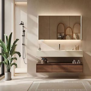 Meuble de salle de bain moderne en bois, avec tiroirs muraux, meuble-lavabo en ardoise avec lavabo et miroir LED, ensemble de placard de salle de bain - Product Image 1