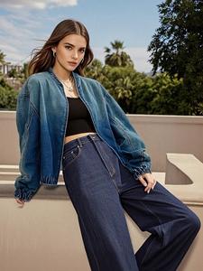 Women's <b>Denim</b> Bomber <b>Jacket</b> Loose Fit Stonewashed Cotton Casual Autumn Style with Zippers and Contrast Color Design - Product Image 1