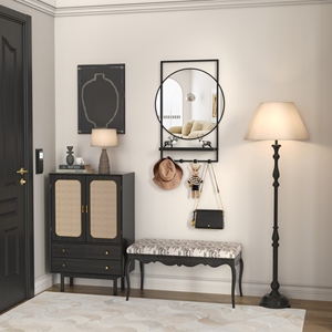 Beautme tường gương với kệ, 20 "x 28" vòng kim loại màu đen khung phòng tắm gương lối vào gương với Hooks - Product Image 2