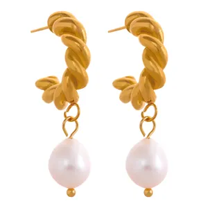 JINYOU 070 Stainless Steel C Hoop Fresh Water Pearl Drop Dangle Earrings WaterProof Trending Fashion Charm Jewelry