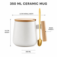 Mug en céramique avec poignée en bois, impression de logo personnalisé, 301-400 ml, avec couvercle et cuillère, blanc et noir, pour le café, le thé, le bureau, usage quotidien