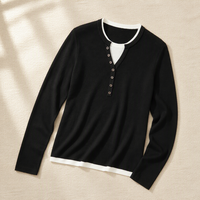 Pull en tricot ajusté pour femme en 100% laine de mouton, style Dark Academia, à effet superposé, avec patte de boutonnage multi-boutons