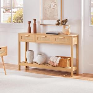 <span class=keywords><strong>Table</strong></span> <span class=keywords><strong>console</strong></span> en bois naturel personnalisée de style Boho moderne avec 3 tiroirs en rotin et étagère à 2 niveaux pour villa, salon et hôtel - Product Image 2