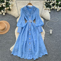 Robe décontractée élégante pour femme WIWT, coupe trapèze, broderie en dentelle, col à revers, manches longues, ceinture, boutonnée, longueur midi, pour un usage quotidien