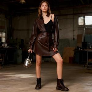 Chaqueta Camisa Unisex de PU Marrón Oscuro con Cinturón Ajustable - <span class=keywords><strong>Abrigo</strong></span> Casual para el Trabajo - Product Image 4